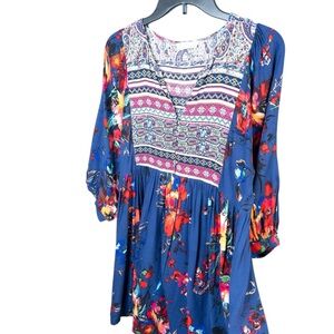 Altar'd State M Blue Boho Floral Rio Mini Dress Peasant Sleeve Country Farm Chic